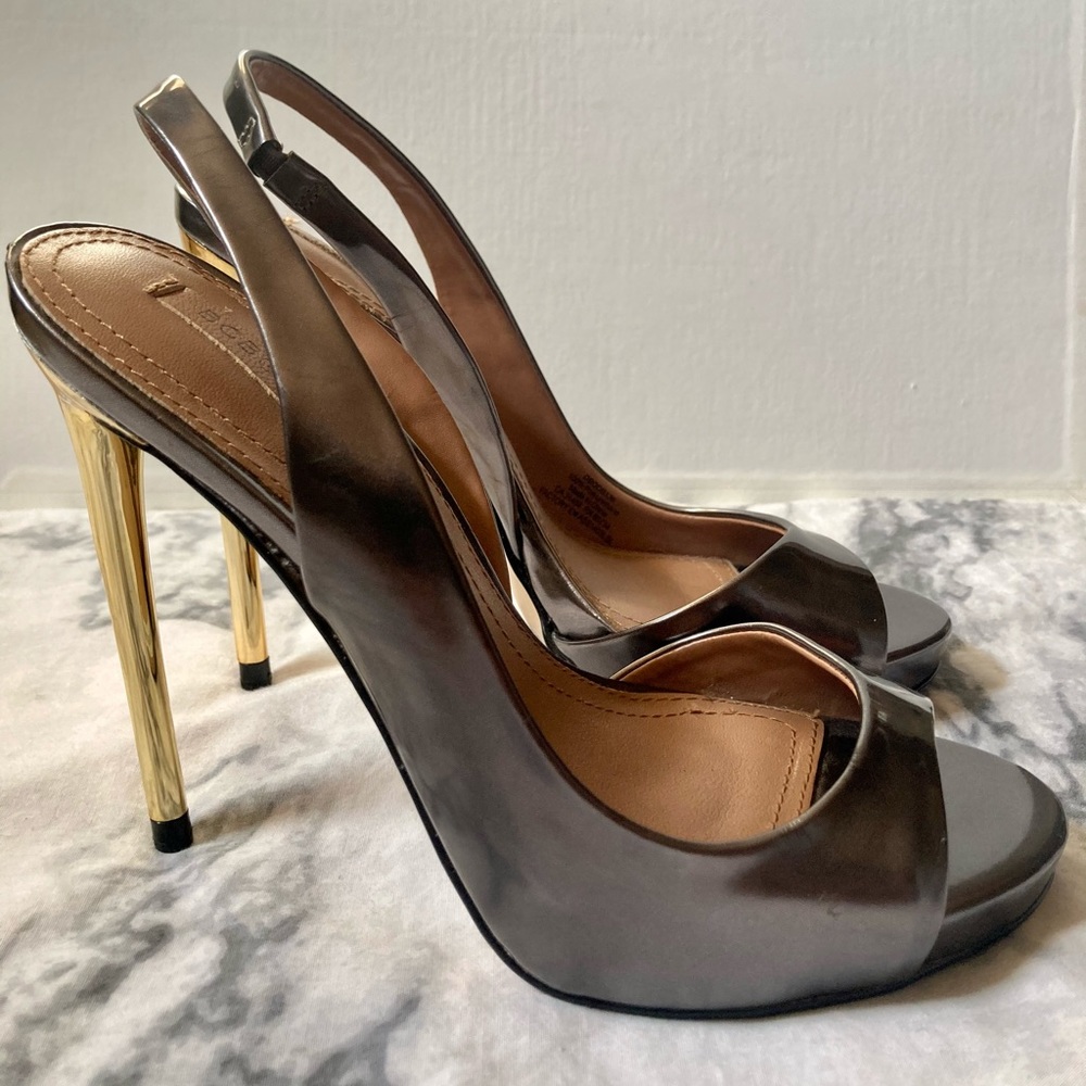 NWT BCBGMaxAzriaTwo Tone Metallic Silver Gold Slingback Peep Toe Sandal Heel 36